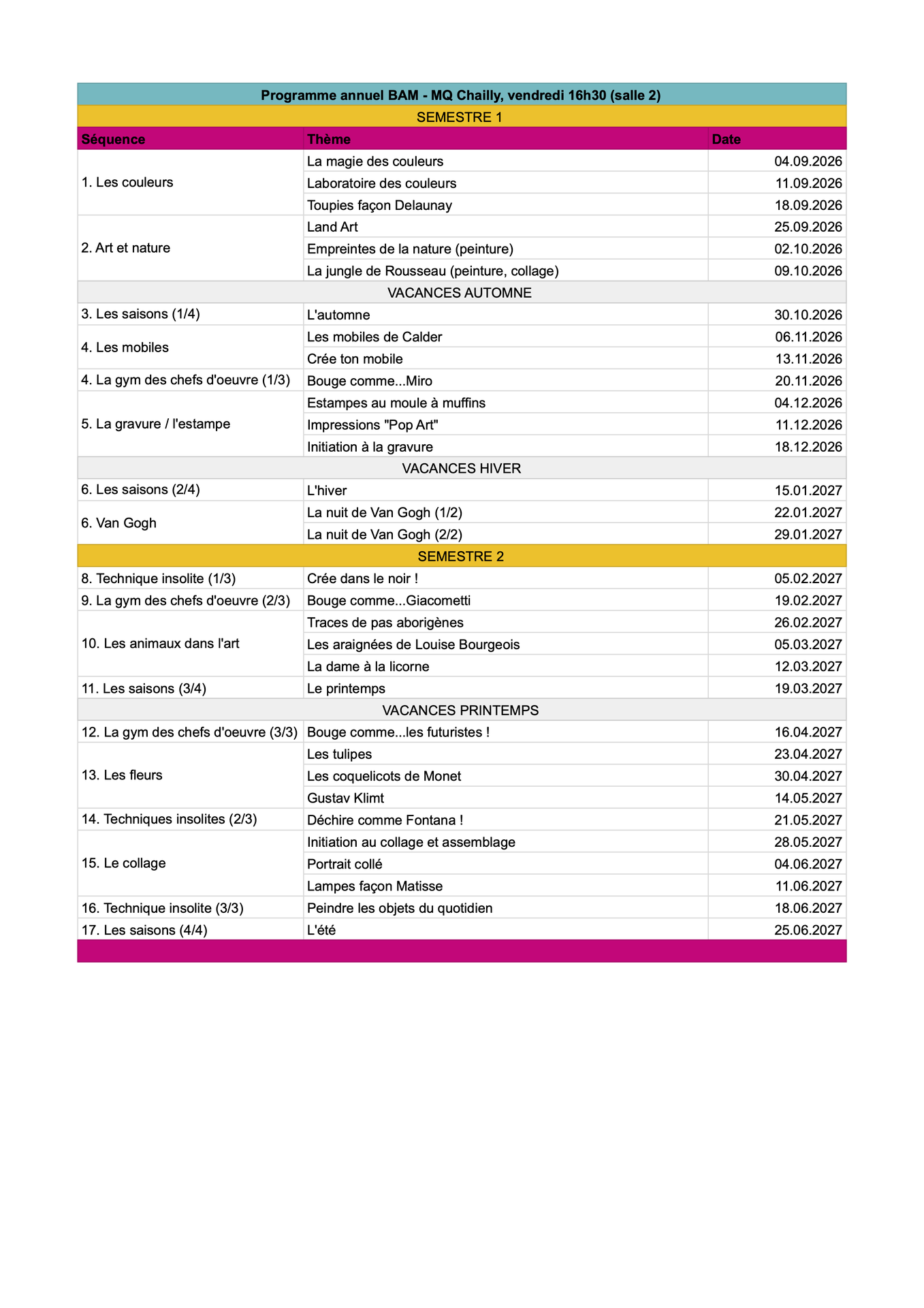 Programme annuel 2026-2027 des ateliers BAM pour enfants
